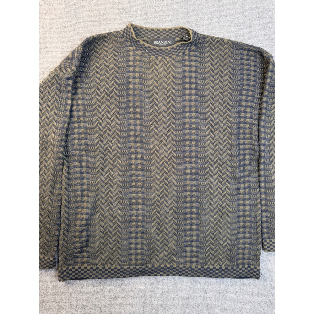 Brandini Mens Large Olive Green Navy Wool Blend Knit Sweater Made in Italy Y2K